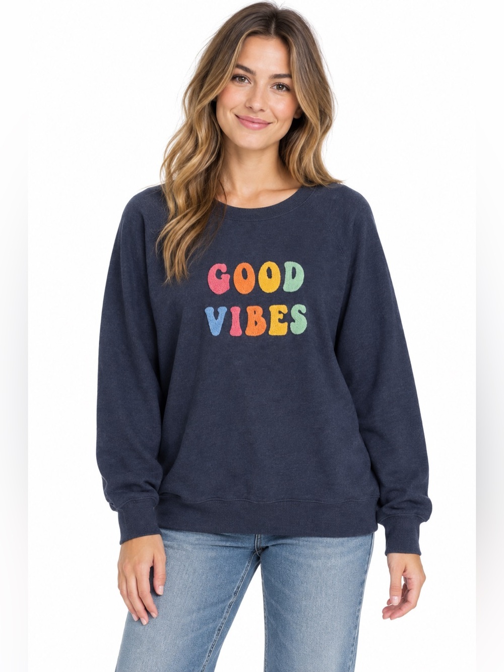 WILDFOX Women’s Dark Blue Good Vibes Embroidered Sweatshirt Large
